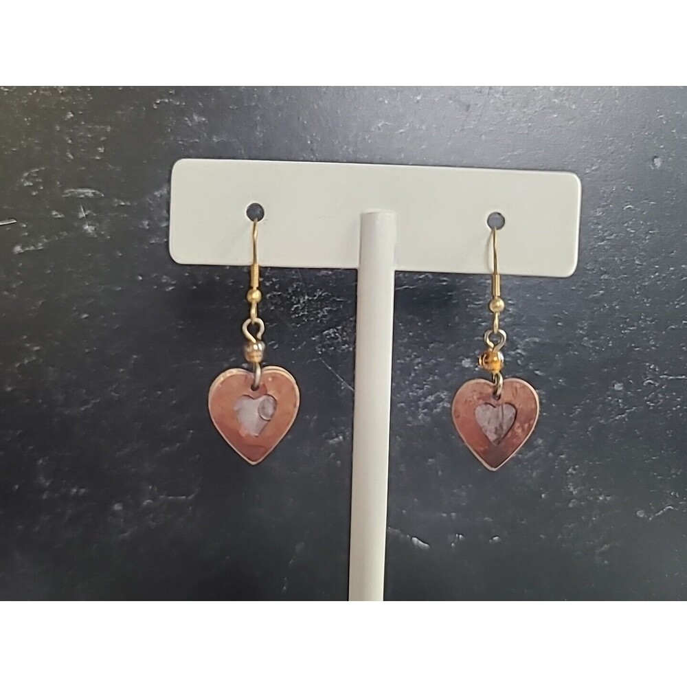 Two Tone Metal Heart Shaped Dangling Pierced Earrings Vintage